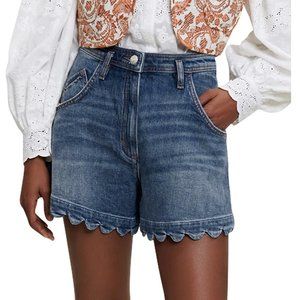 NWT Maje Mid-Rise Scalloped-Hem Stretch Denim Shorts